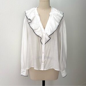 H&M Balloon Sleeve Blouse NWT White Black V-Neck Button Front Cottagecore XL